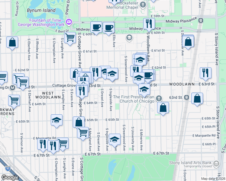 map of restaurants, bars, coffee shops, grocery stores, and more near 6317 South Ingleside Avenue in Chicago