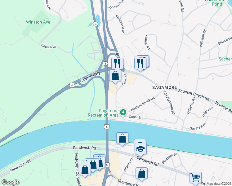 map of restaurants, bars, coffee shops, grocery stores, and more near 2 Canal Road in Bourne