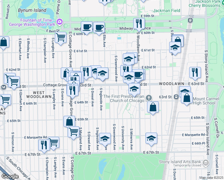 map of restaurants, bars, coffee shops, grocery stores, and more near 6319 South Ellis Avenue in Chicago