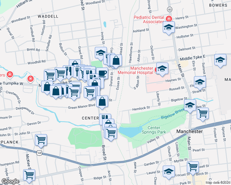 map of restaurants, bars, coffee shops, grocery stores, and more near 72 Essex Street in Manchester