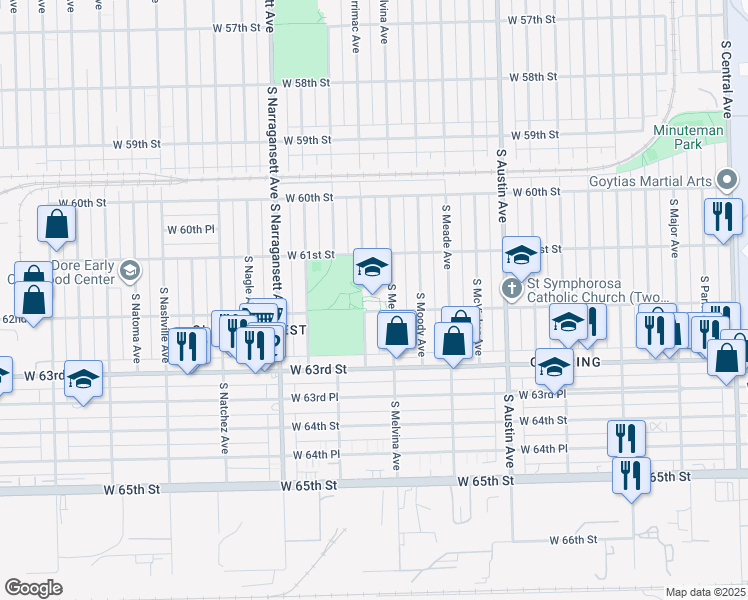 map of restaurants, bars, coffee shops, grocery stores, and more near 6140 South Melvina Avenue in Chicago