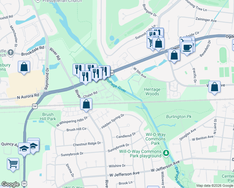 map of restaurants, bars, coffee shops, grocery stores, and more near 458 Valley Drive in Naperville