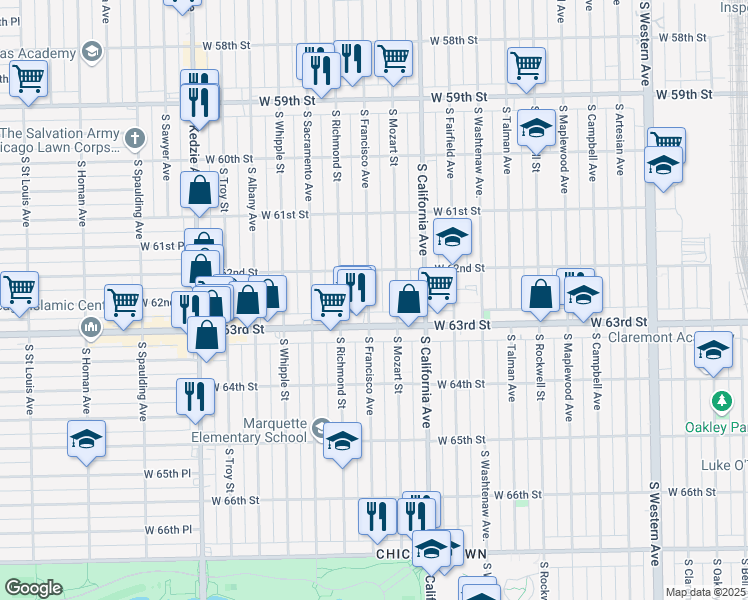 map of restaurants, bars, coffee shops, grocery stores, and more near 6231 South Francisco Avenue in Chicago