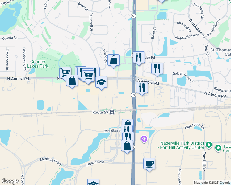 map of restaurants, bars, coffee shops, grocery stores, and more near 507 Railway Drive in Naperville
