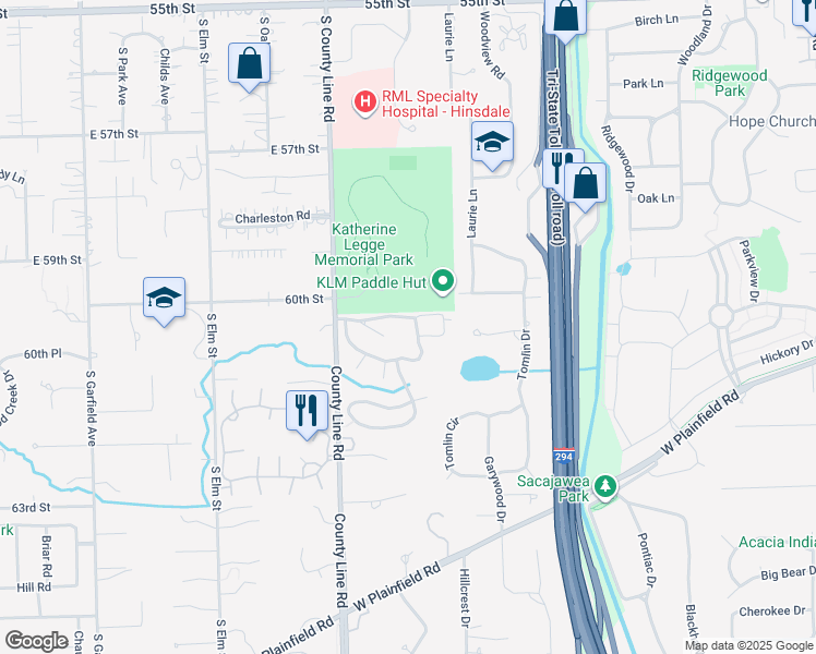 map of restaurants, bars, coffee shops, grocery stores, and more near 6101 South County Line Road in Burr Ridge
