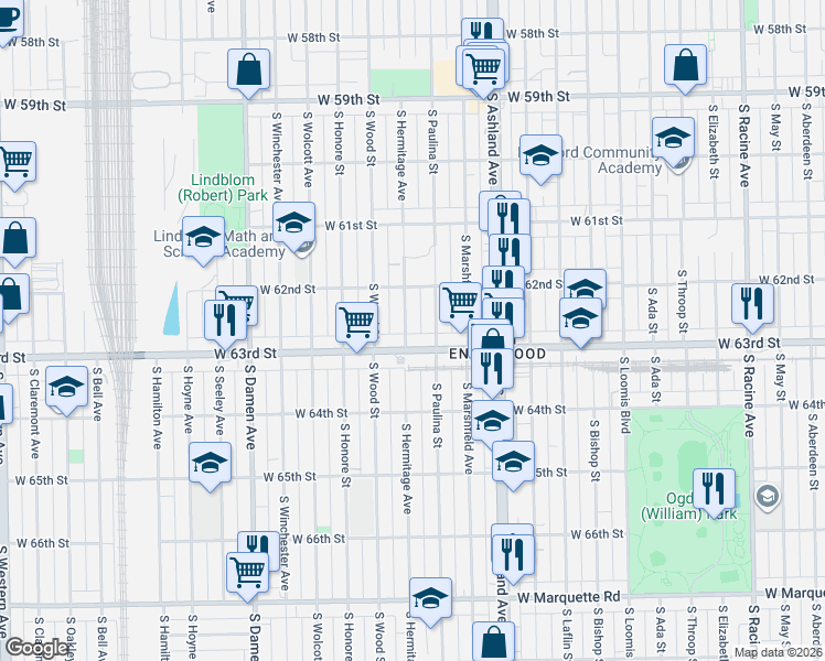 map of restaurants, bars, coffee shops, grocery stores, and more near 6243 South Hermitage Avenue in Chicago