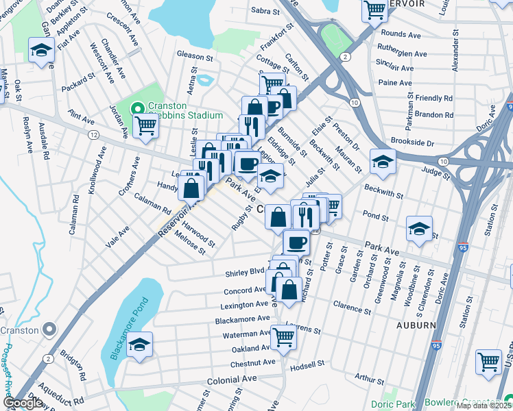 map of restaurants, bars, coffee shops, grocery stores, and more near 66 Norfolk Street in Cranston