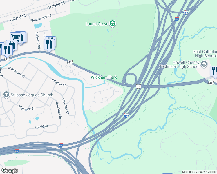 map of restaurants, bars, coffee shops, grocery stores, and more near 173 Downey Drive in Manchester