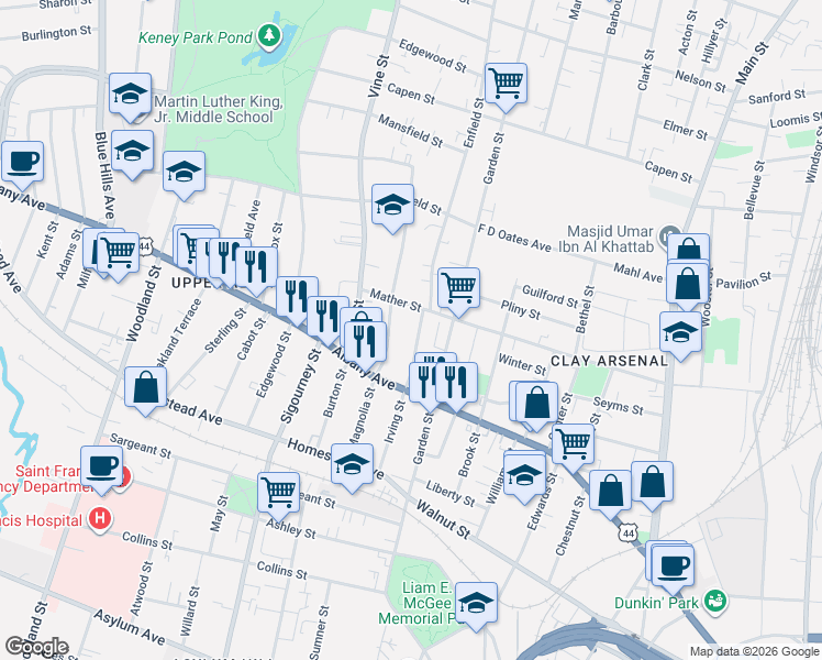 map of restaurants, bars, coffee shops, grocery stores, and more near 100 Magnolia Street in Hartford
