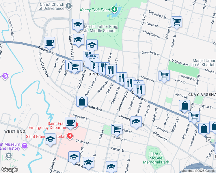 map of restaurants, bars, coffee shops, grocery stores, and more near 64 Cabot Street in Hartford