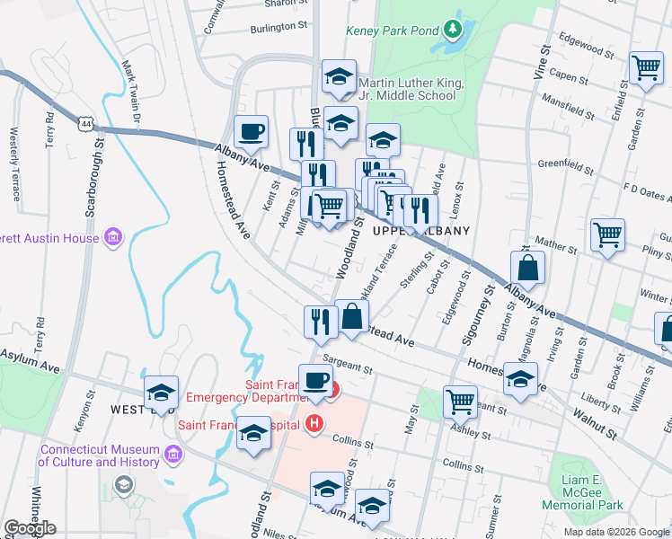 map of restaurants, bars, coffee shops, grocery stores, and more near 369 Woodland Street in Hartford