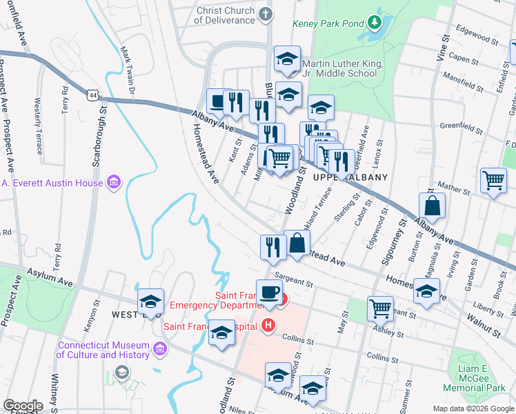 map of restaurants, bars, coffee shops, grocery stores, and more near 296 Homestead Avenue in Hartford