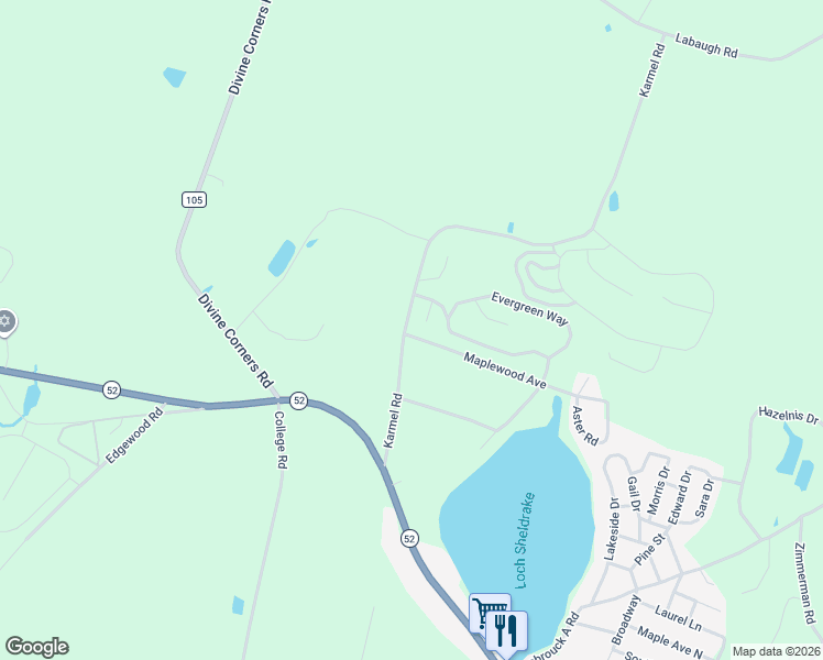 map of restaurants, bars, coffee shops, grocery stores, and more near 58 Karmel Road in Loch Sheldrake