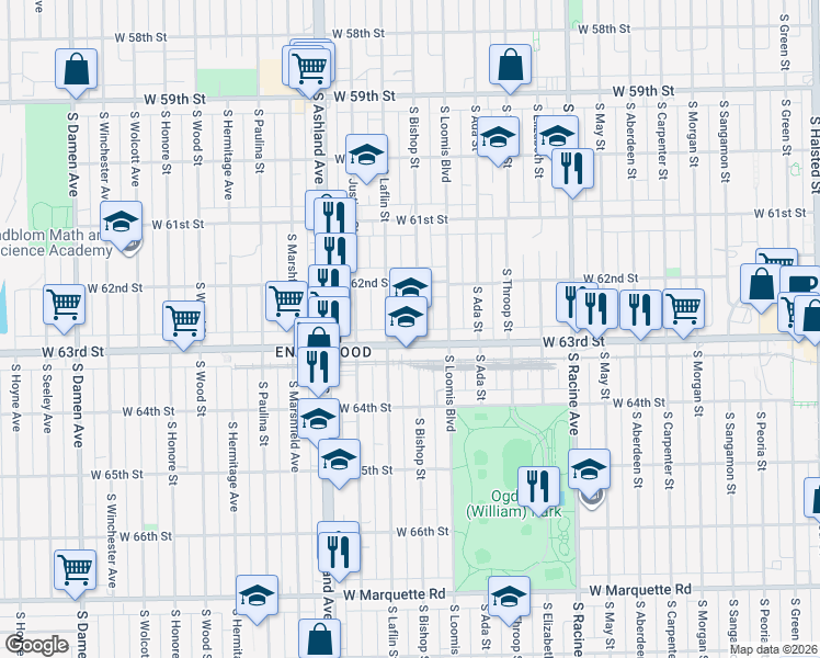 map of restaurants, bars, coffee shops, grocery stores, and more near 1455 West 63rd Street in Chicago