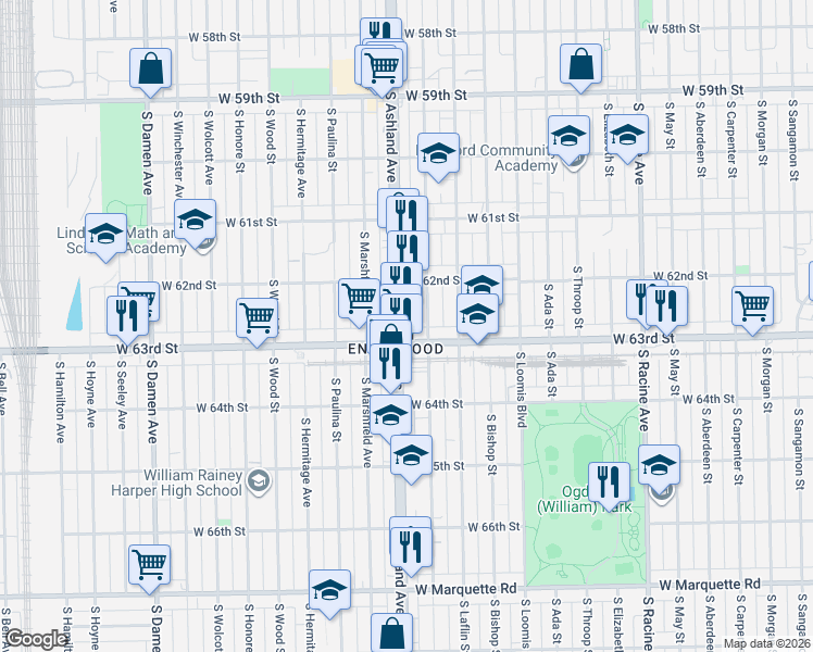 map of restaurants, bars, coffee shops, grocery stores, and more near 1604 West 63rd Street in Chicago