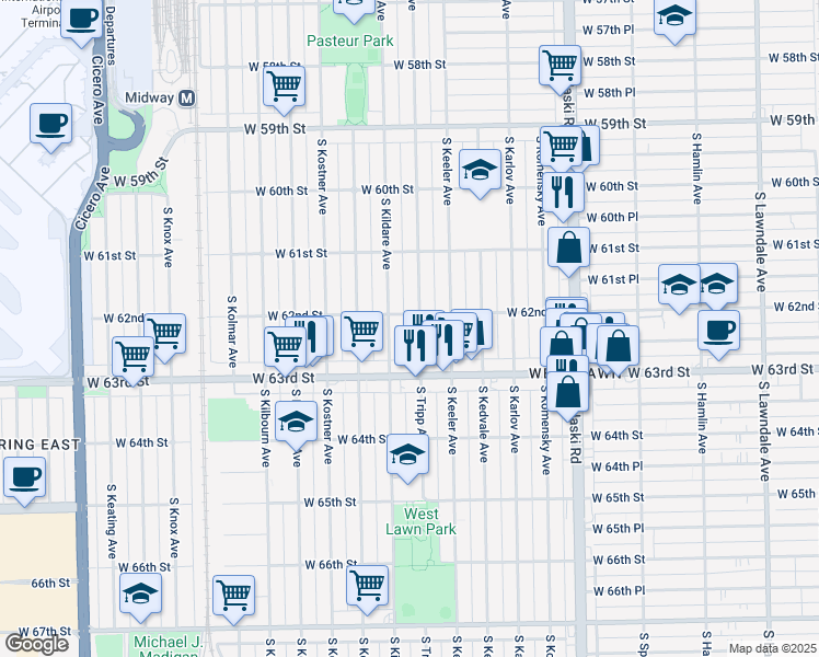 map of restaurants, bars, coffee shops, grocery stores, and more near 6228 South Tripp Avenue in Chicago