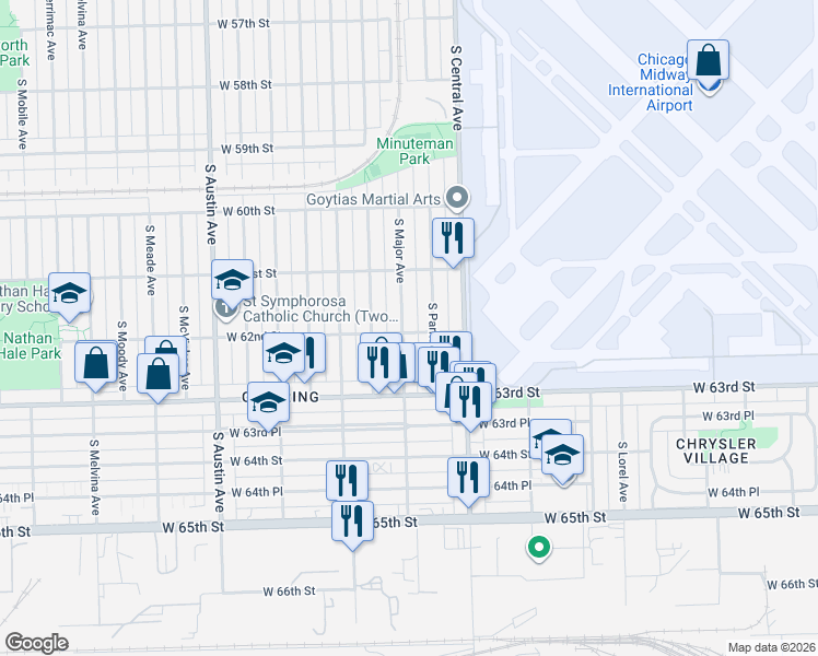 map of restaurants, bars, coffee shops, grocery stores, and more near 6206 South Parkside Avenue in Chicago