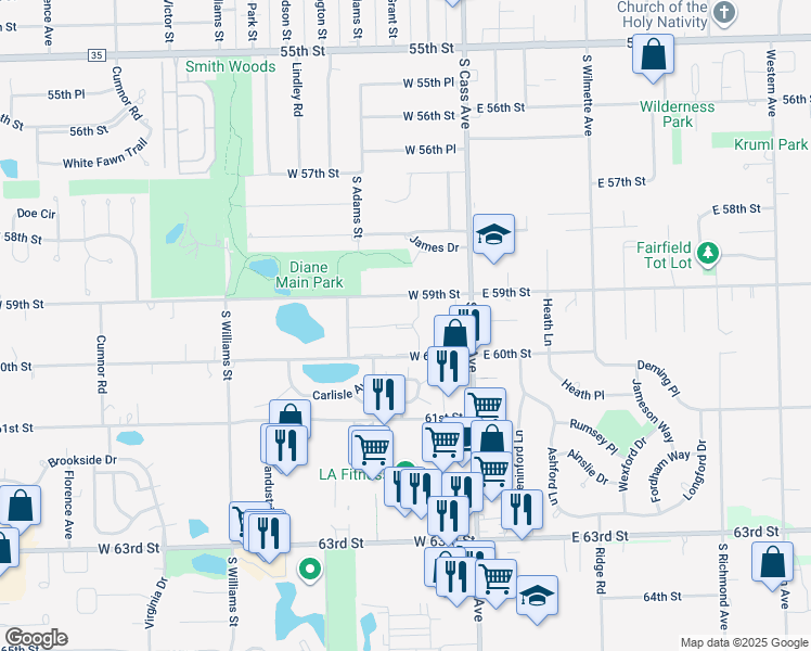 map of restaurants, bars, coffee shops, grocery stores, and more near 52 West 60th Street in Westmont
