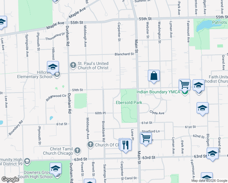 map of restaurants, bars, coffee shops, grocery stores, and more near 5924 Carpenter Street in Downers Grove