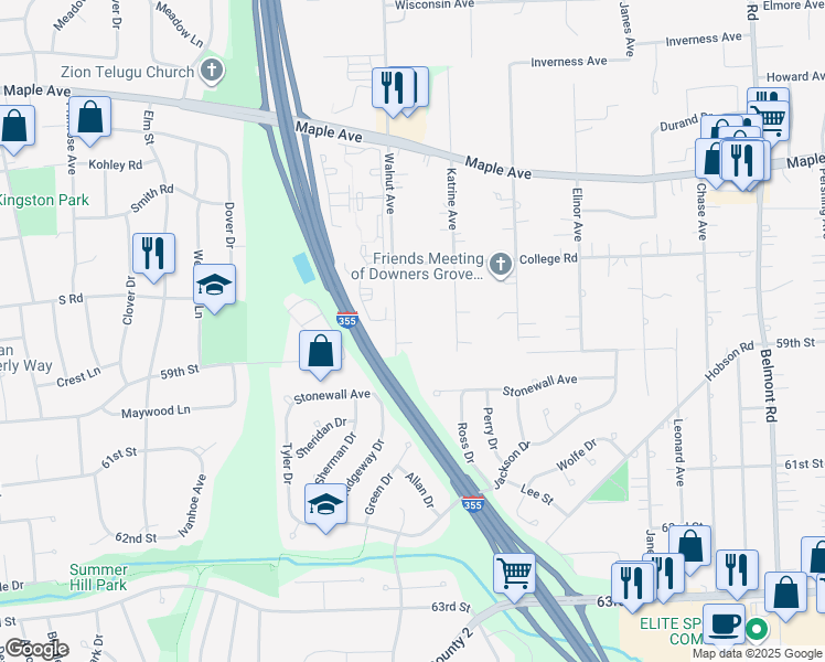 map of restaurants, bars, coffee shops, grocery stores, and more near 5852 Walnut Avenue in Downers Grove