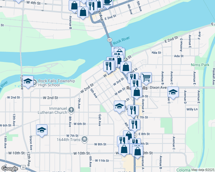 map of restaurants, bars, coffee shops, grocery stores, and more near 217 4th Avenue in Rock Falls