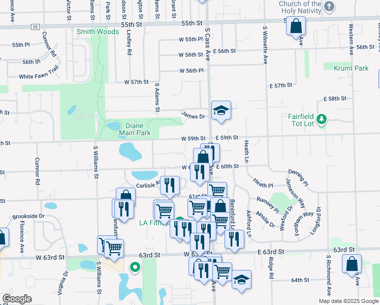 map of restaurants, bars, coffee shops, grocery stores, and more near 1 Fountainhead Drive in Westmont