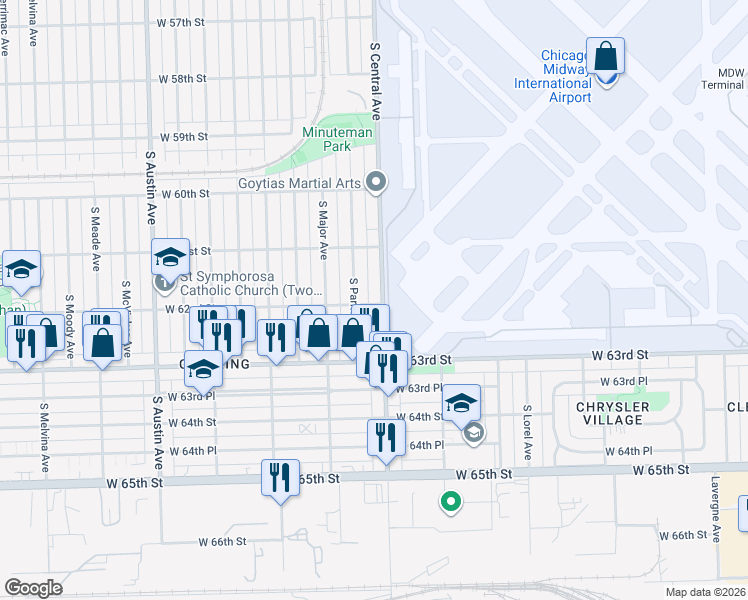 map of restaurants, bars, coffee shops, grocery stores, and more near 6208 South Central Avenue in Chicago