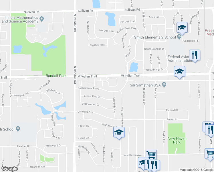 map of restaurants, bars, coffee shops, grocery stores, and more near 1250 West Indian Trail in Aurora