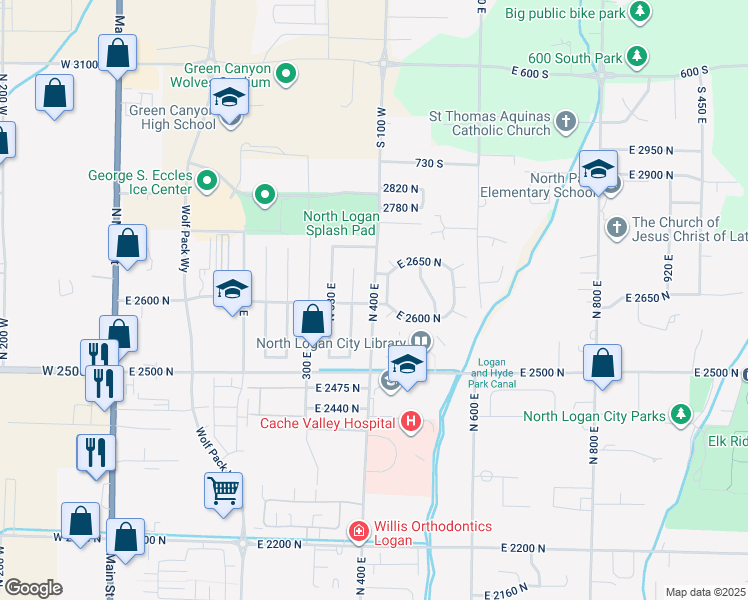 map of restaurants, bars, coffee shops, grocery stores, and more near 2605 North 400 East in North Logan