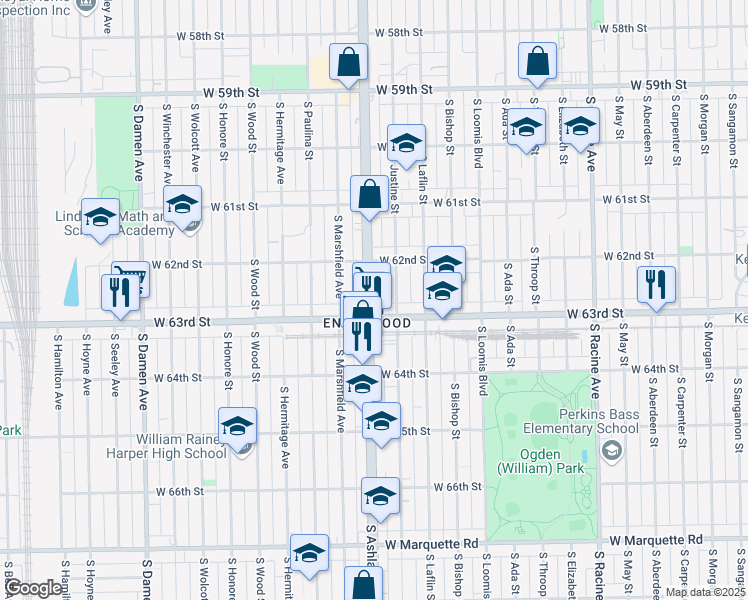 map of restaurants, bars, coffee shops, grocery stores, and more near 6243 South Ashland Avenue in Chicago