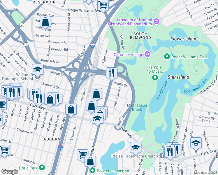 map of restaurants, bars, coffee shops, grocery stores, and more near Elmwood Avenue in Providence