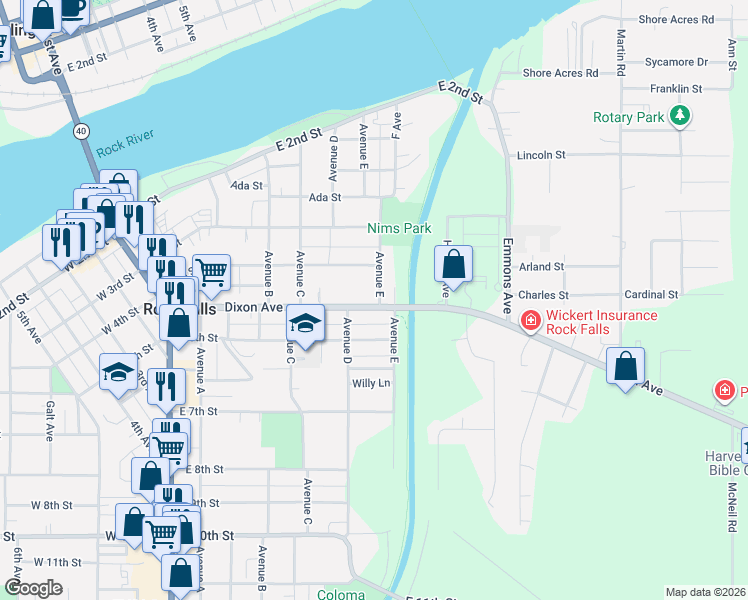 map of restaurants, bars, coffee shops, grocery stores, and more near 612 Dixon Avenue in Rock Falls