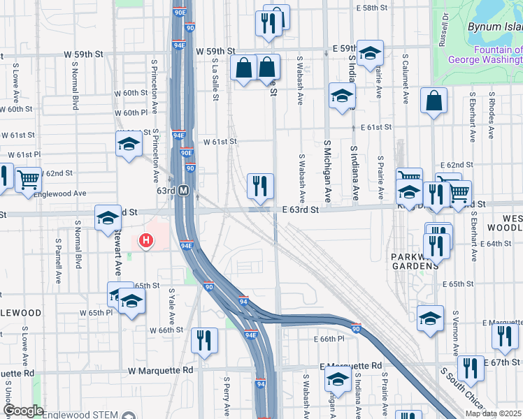 map of restaurants, bars, coffee shops, grocery stores, and more near 44 West 63rd Street in Chicago
