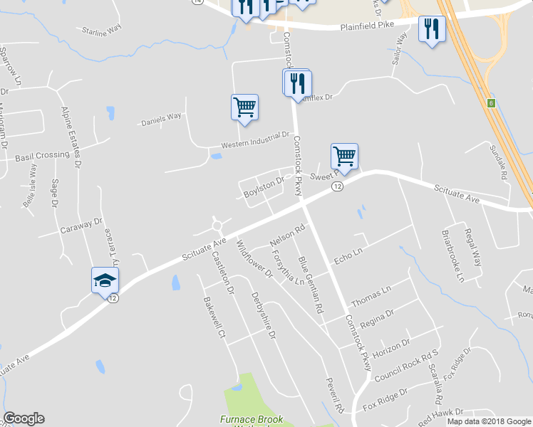 map of restaurants, bars, coffee shops, grocery stores, and more near 1225 Scituate Avenue in Cranston