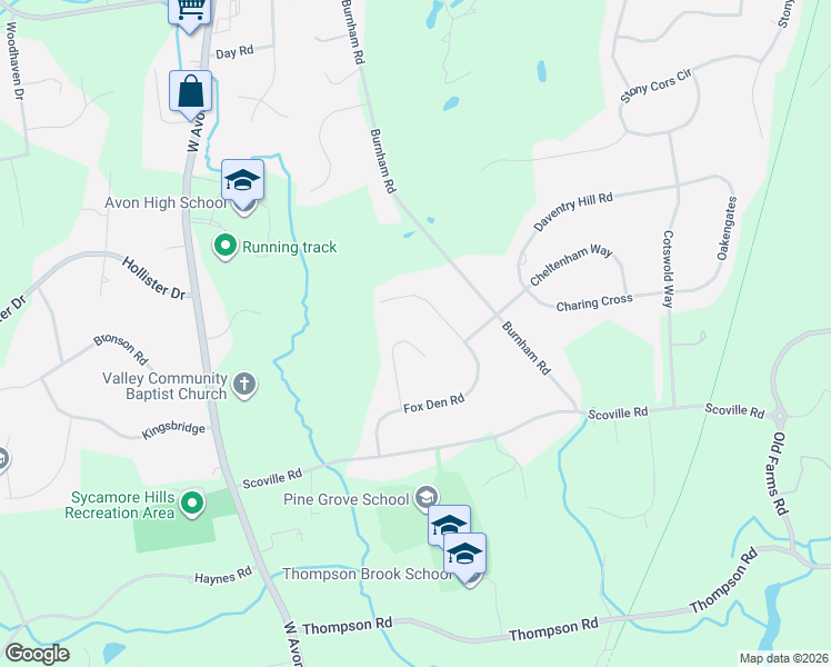 map of restaurants, bars, coffee shops, grocery stores, and more near 44 Saw Mill Lane in Avon