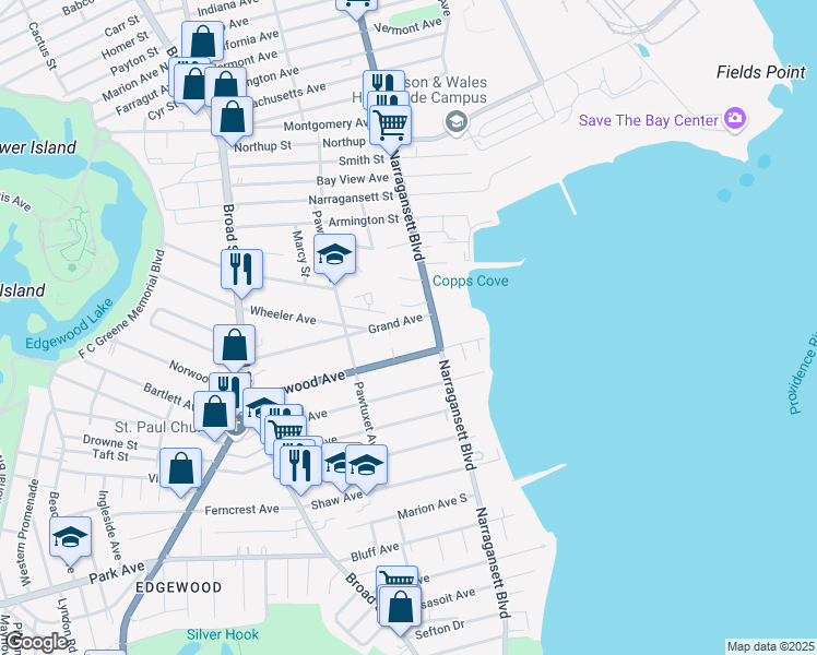 map of restaurants, bars, coffee shops, grocery stores, and more near 83 Norwood Avenue in Cranston