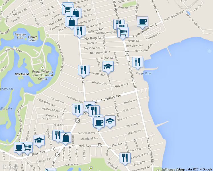 map of restaurants, bars, coffee shops, grocery stores, and more near 156 Grand Avenue in Cranston