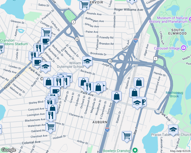 map of restaurants, bars, coffee shops, grocery stores, and more near 81 Greenwood Street in Cranston