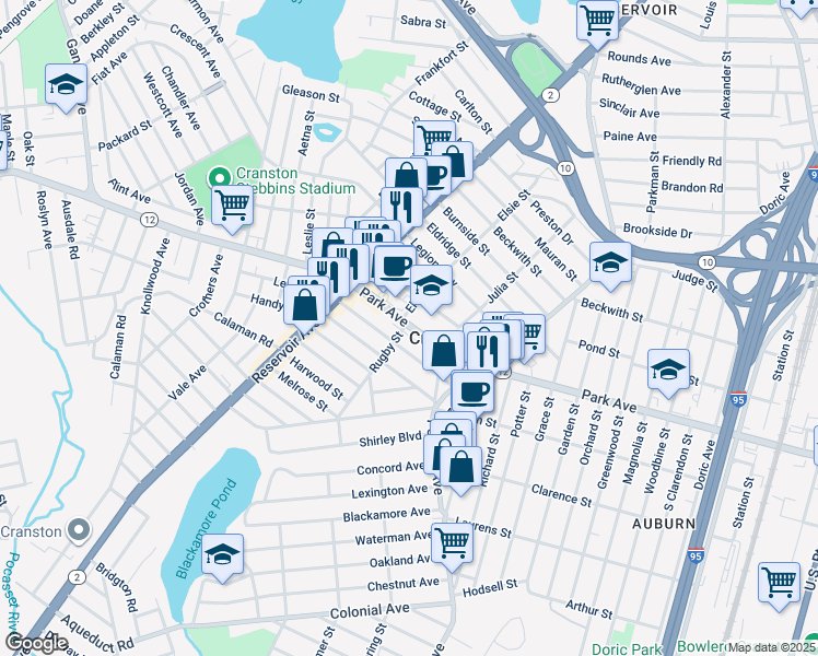 map of restaurants, bars, coffee shops, grocery stores, and more near 66 Norfolk Street in Cranston
