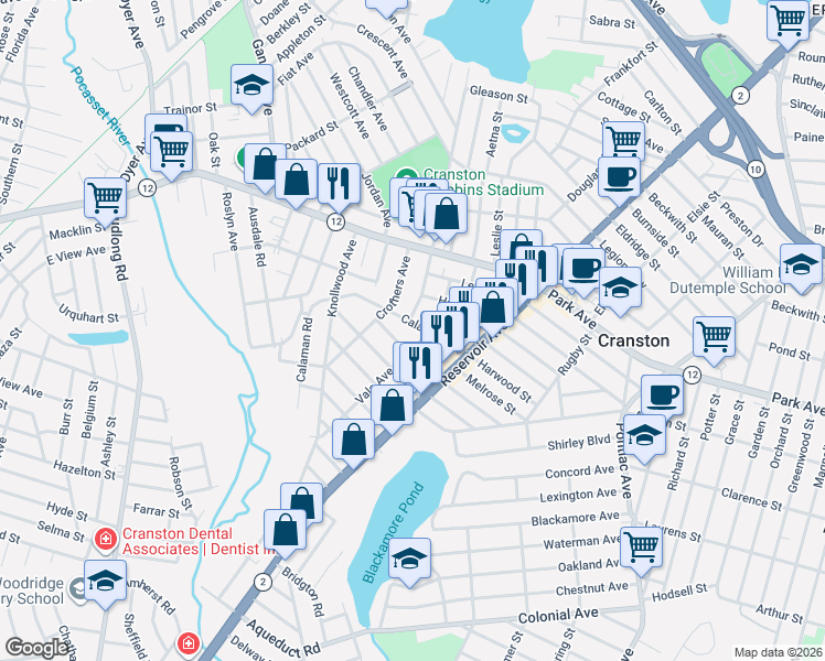 map of restaurants, bars, coffee shops, grocery stores, and more near 40 Stevens Road in Cranston