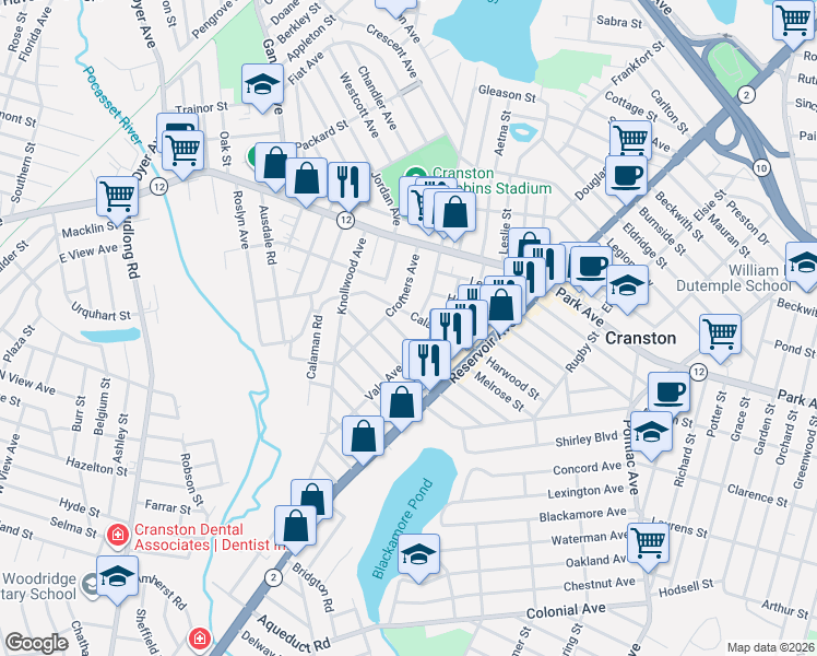 map of restaurants, bars, coffee shops, grocery stores, and more near 40 Stevens Road in Cranston
