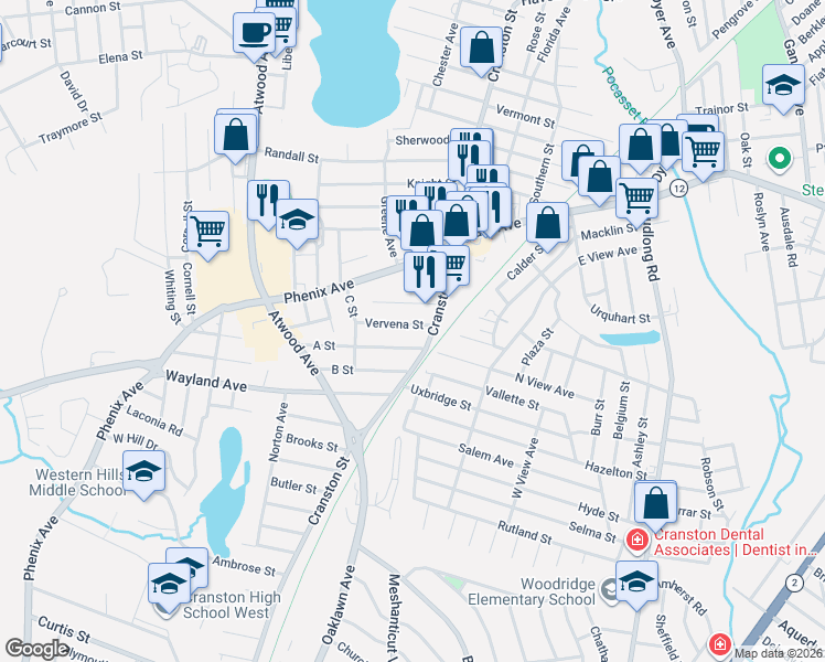 map of restaurants, bars, coffee shops, grocery stores, and more near 1821 Cranston Street in Cranston