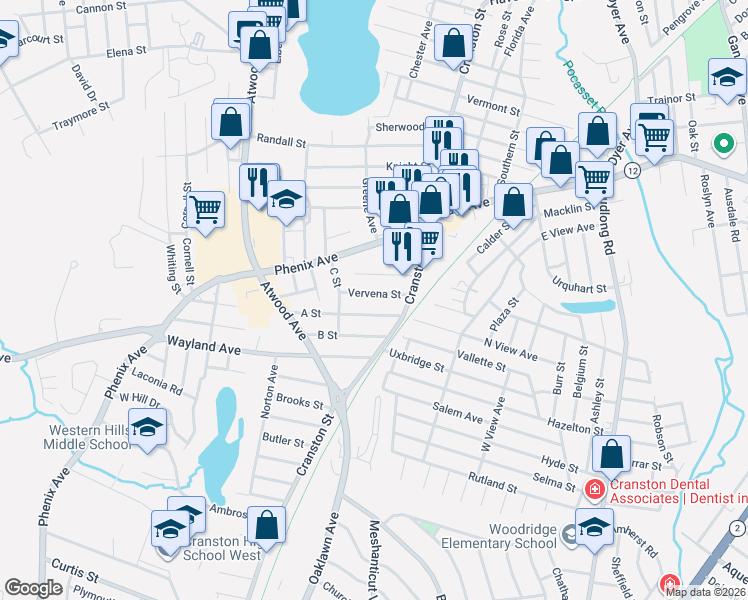 map of restaurants, bars, coffee shops, grocery stores, and more near 36 A Street in Cranston