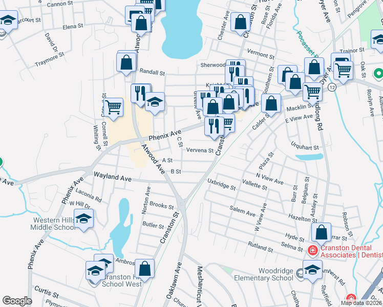 map of restaurants, bars, coffee shops, grocery stores, and more near 36 A Street in Cranston