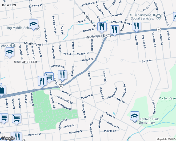 map of restaurants, bars, coffee shops, grocery stores, and more near 35 Pitkin Street in Manchester