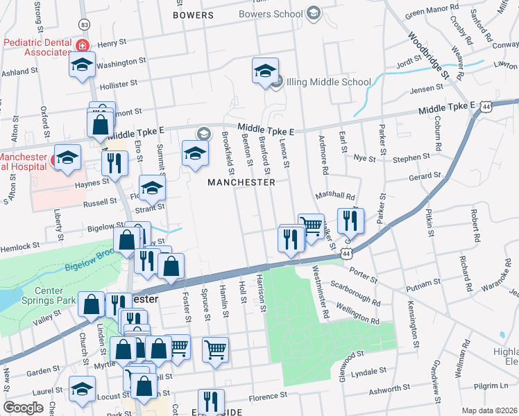 map of restaurants, bars, coffee shops, grocery stores, and more near 53 Benton Street in Manchester