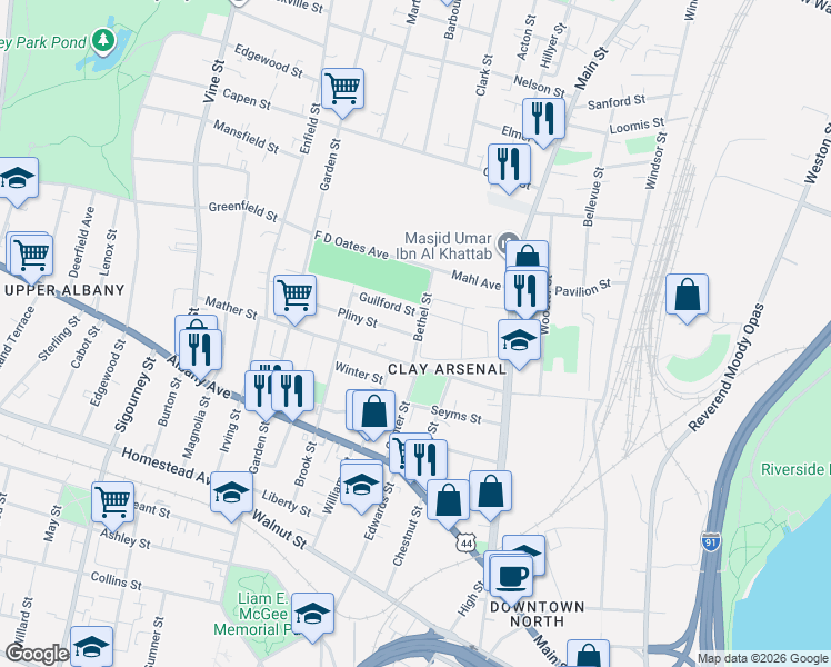 map of restaurants, bars, coffee shops, grocery stores, and more near 32 Bethel Street in Hartford