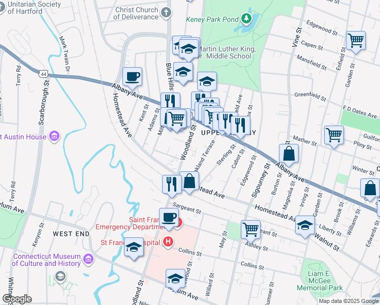 map of restaurants, bars, coffee shops, grocery stores, and more near 35 Oakland Terrace in Hartford