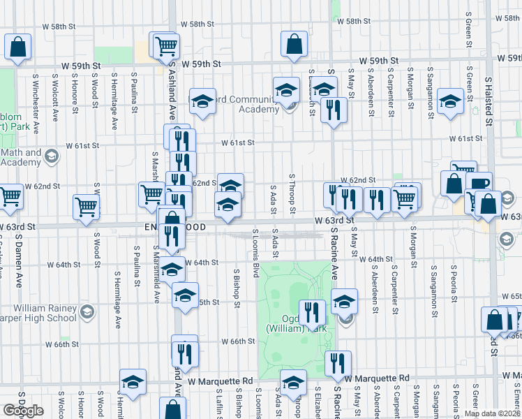 map of restaurants, bars, coffee shops, grocery stores, and more near 1337 West 63rd Street in Chicago