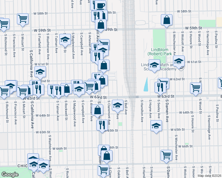 map of restaurants, bars, coffee shops, grocery stores, and more near in Chicago